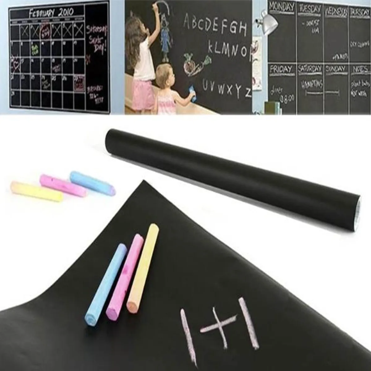 H&F Kara Tahta Temas Kağıdı 45X200CM Çıkartma Duvar Sticker Yapışkanlı 5 Adet Tebeşir Hediyeli - SİYAH
